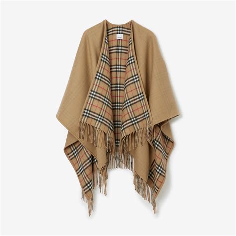 Reversible Check Wool Cape in Archive beige 